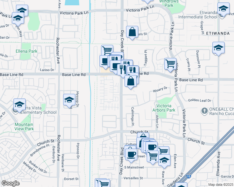 map of restaurants, bars, coffee shops, grocery stores, and more near 12257 Cielo Drive in Rancho Cucamonga