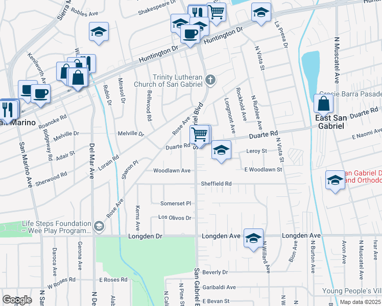 map of restaurants, bars, coffee shops, grocery stores, and more near 1731 South San Gabriel Boulevard in San Marino