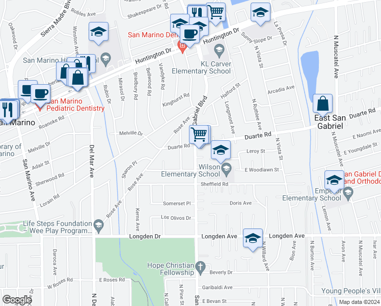 map of restaurants, bars, coffee shops, grocery stores, and more near 1731 South San Gabriel Boulevard in San Marino