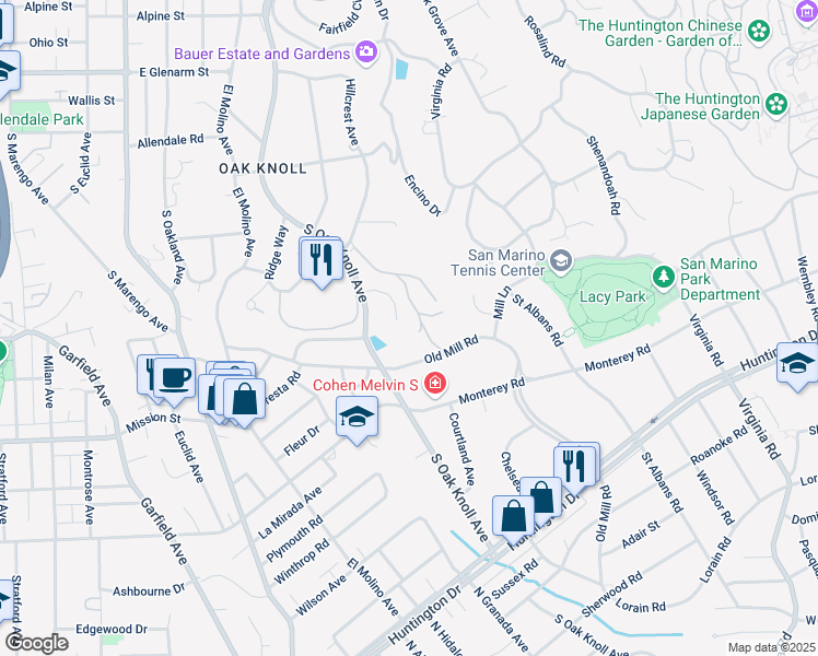 map of restaurants, bars, coffee shops, grocery stores, and more near 1555 Hillcrest Avenue in Pasadena