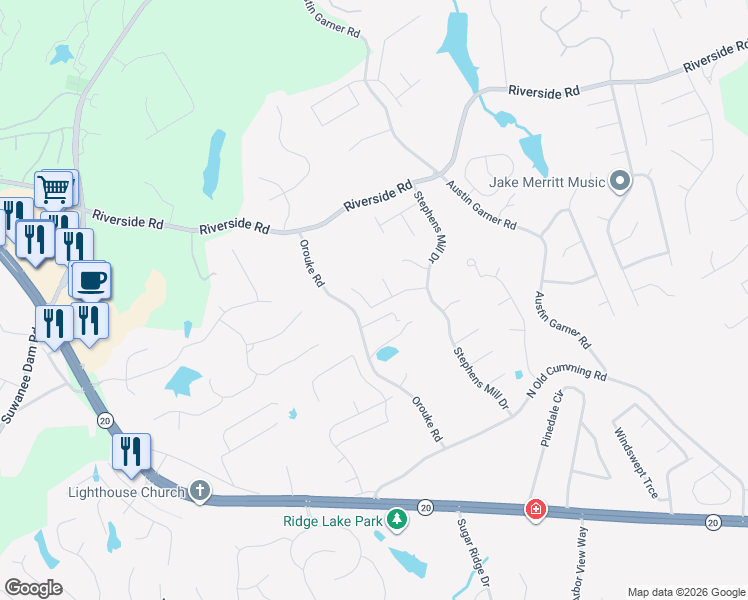 map of restaurants, bars, coffee shops, grocery stores, and more near 890 Millrace Way in Buford