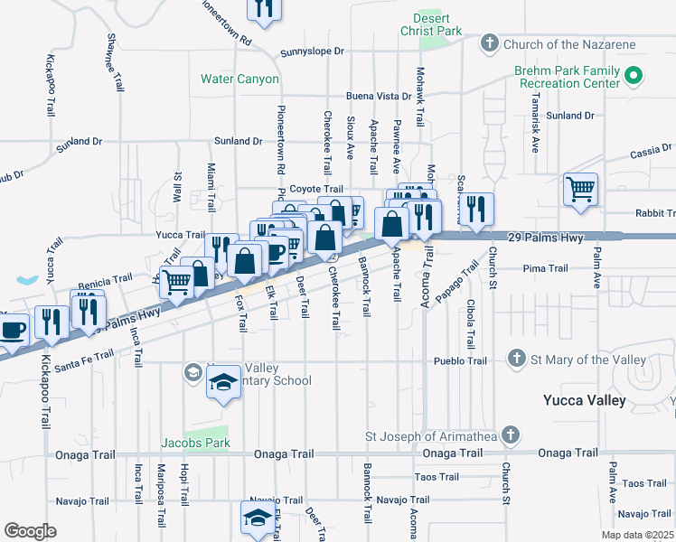 map of restaurants, bars, coffee shops, grocery stores, and more near 55944 Santa Fe Trail in Yucca Valley