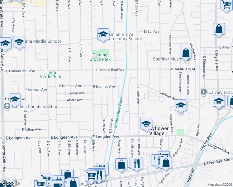 map of restaurants, bars, coffee shops, grocery stores, and more near 1821 Tulip Lane in Arcadia