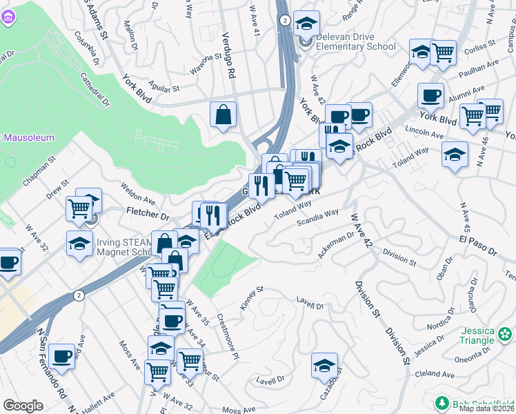 map of restaurants, bars, coffee shops, grocery stores, and more near 3912 Eagle Rock Boulevard in Los Angeles