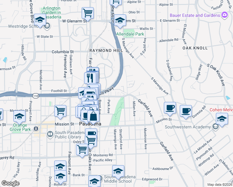 map of restaurants, bars, coffee shops, grocery stores, and more near 1750 Grevelia Street in South Pasadena