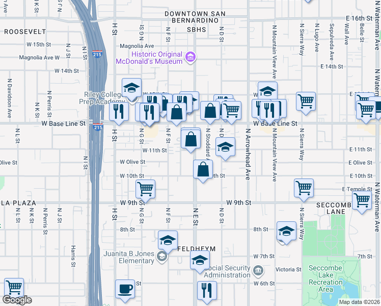 map of restaurants, bars, coffee shops, grocery stores, and more near in San Bernardino