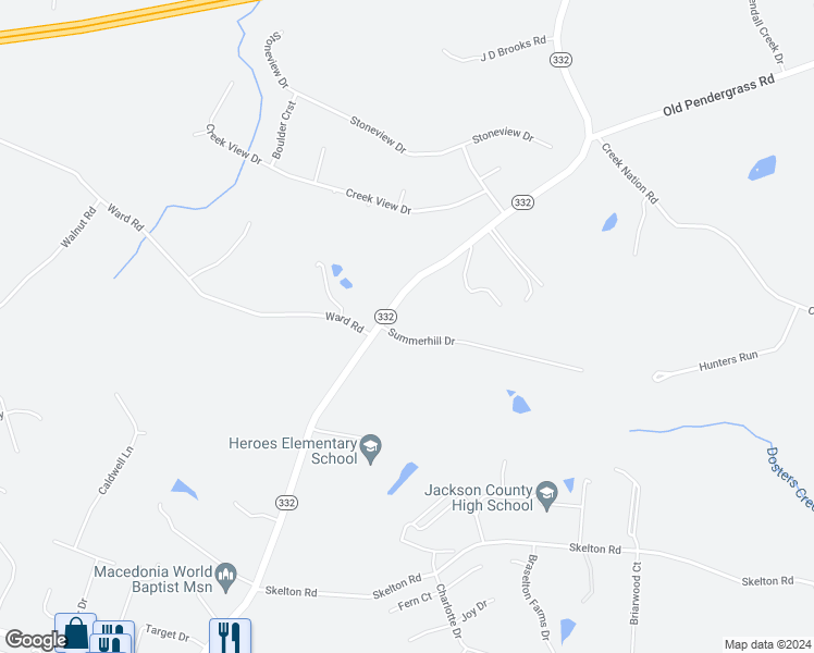 map of restaurants, bars, coffee shops, grocery stores, and more near 33 Summerhill Drive in Hoschton