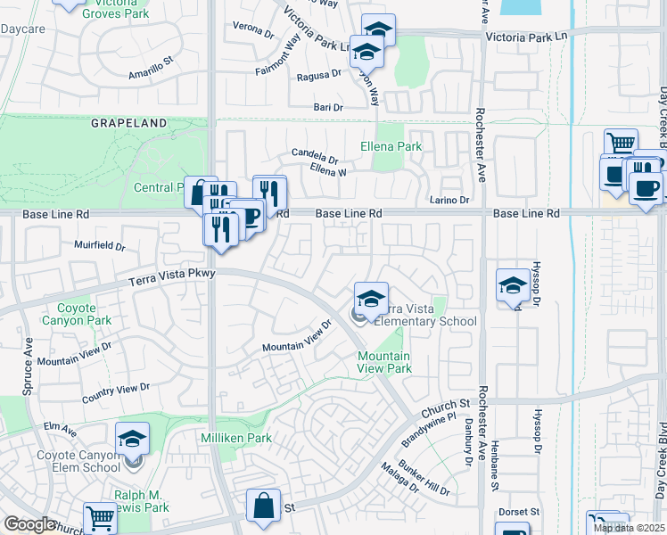 map of restaurants, bars, coffee shops, grocery stores, and more near 11518 Carlisle Place in Rancho Cucamonga