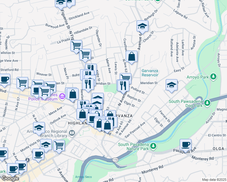 map of restaurants, bars, coffee shops, grocery stores, and more near 6240 Meridian Street in Los Angeles