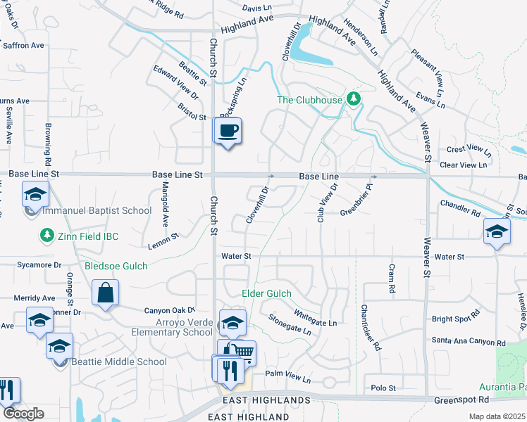 map of restaurants, bars, coffee shops, grocery stores, and more near 29022 Elder Creek Lane in Highland