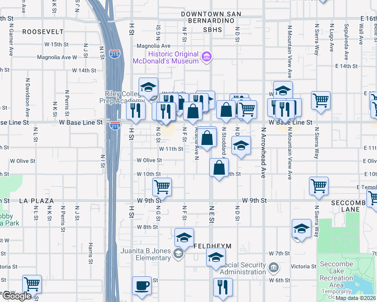 map of restaurants, bars, coffee shops, grocery stores, and more near 1066 Acacia Avenue North in San Bernardino