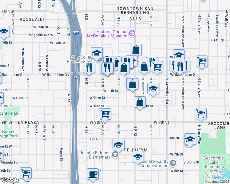 map of restaurants, bars, coffee shops, grocery stores, and more near 623 West 11th Street in San Bernardino