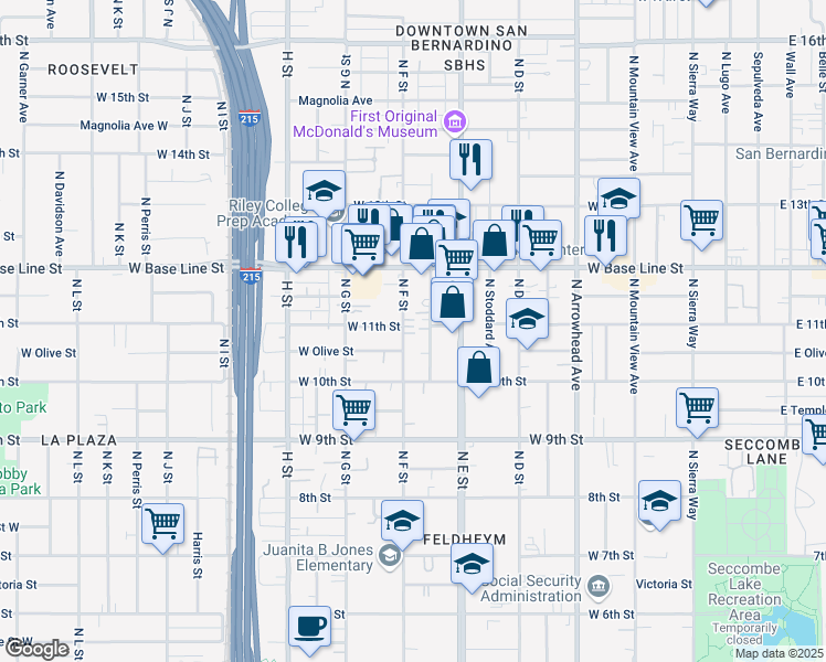 map of restaurants, bars, coffee shops, grocery stores, and more near 1091 North F Street in San Bernardino