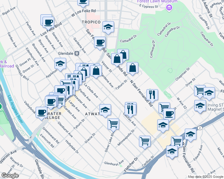 map of restaurants, bars, coffee shops, grocery stores, and more near 1945 Gardena Ave in Glendale