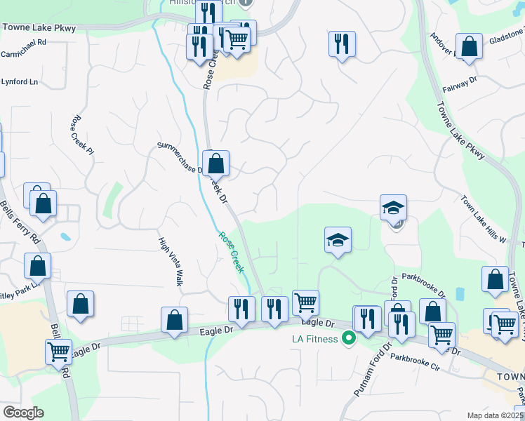 map of restaurants, bars, coffee shops, grocery stores, and more near 401 Briardale Court in Woodstock