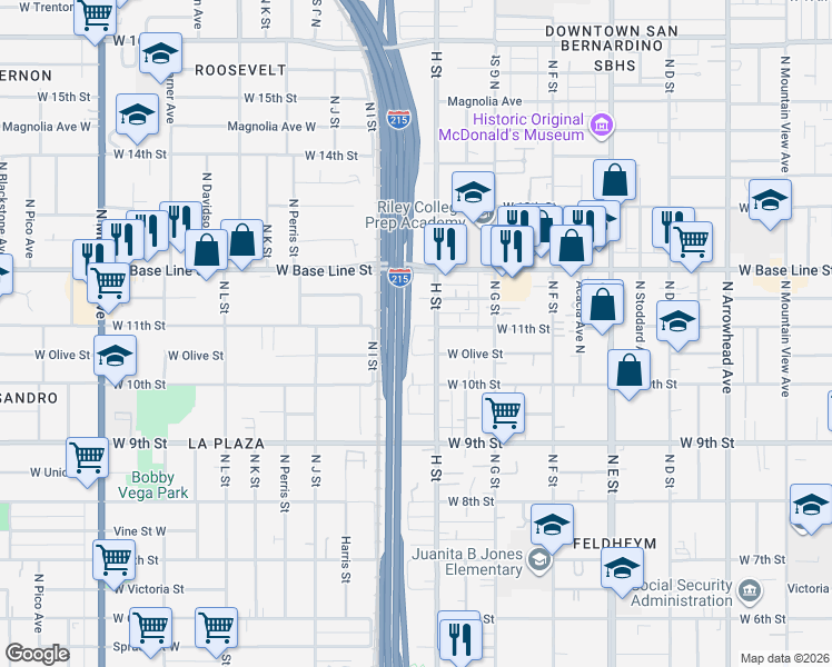 map of restaurants, bars, coffee shops, grocery stores, and more near 840 West Olive Street in San Bernardino
