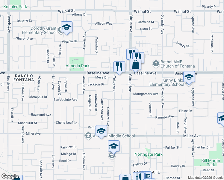 map of restaurants, bars, coffee shops, grocery stores, and more near 7430 Tokay Avenue in Fontana
