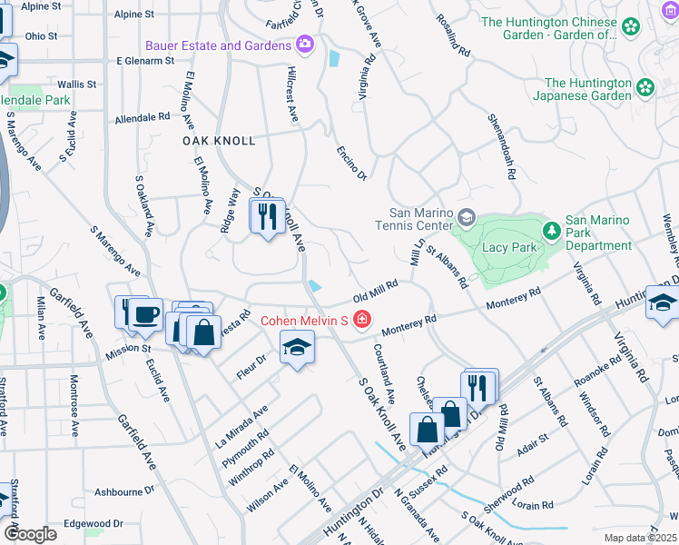 map of restaurants, bars, coffee shops, grocery stores, and more near 1555 Hillcrest Avenue in Pasadena