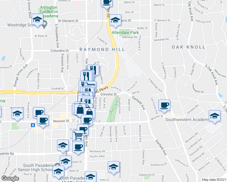 map of restaurants, bars, coffee shops, grocery stores, and more near 1806 Grevelia Street in South Pasadena