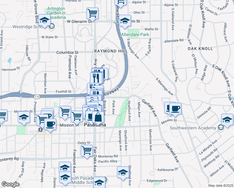 map of restaurants, bars, coffee shops, grocery stores, and more near 1730 Grevelia Street in South Pasadena