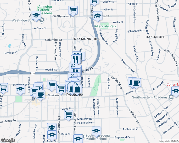 map of restaurants, bars, coffee shops, grocery stores, and more near 1730 Grevelia Street in South Pasadena