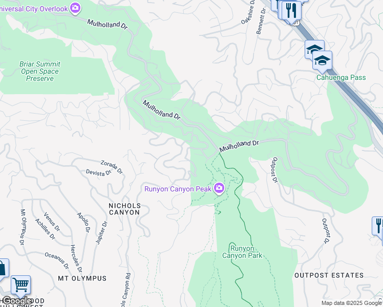 map of restaurants, bars, coffee shops, grocery stores, and more near 2641 La Cuesta Drive in Los Angeles