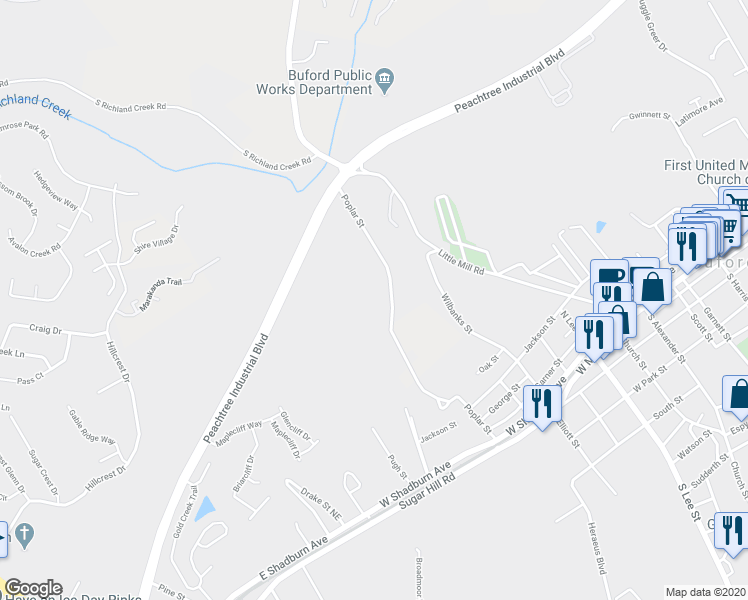 map of restaurants, bars, coffee shops, grocery stores, and more near 400 Poplar Street in Buford