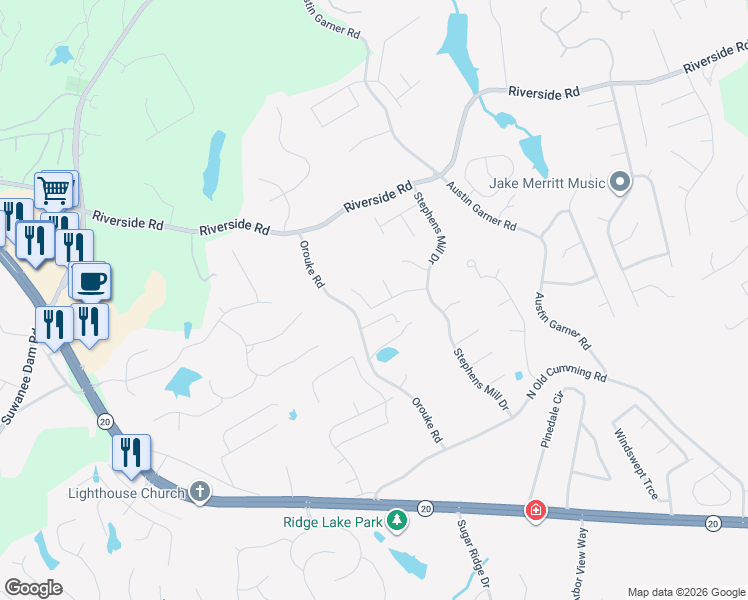 map of restaurants, bars, coffee shops, grocery stores, and more near 890 Millrace Way in Buford