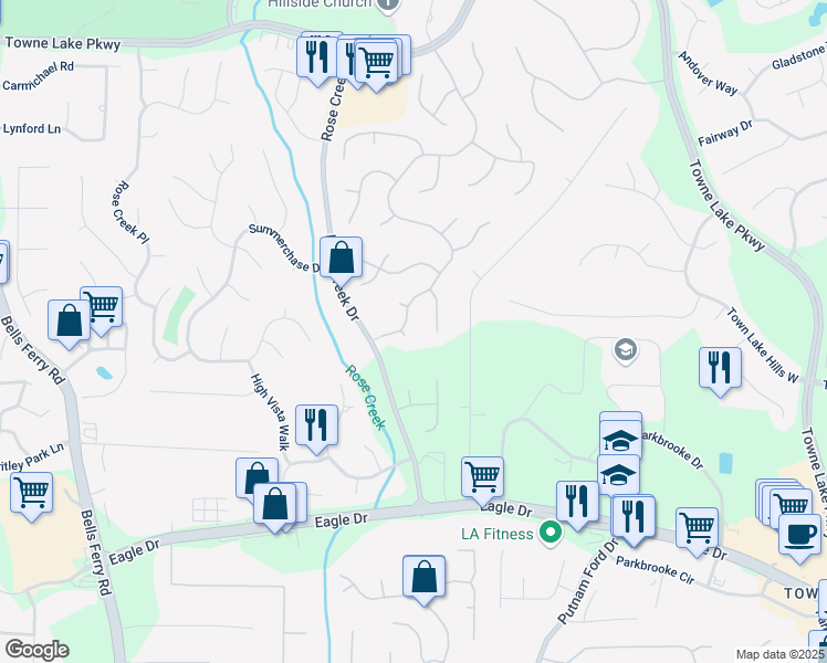 map of restaurants, bars, coffee shops, grocery stores, and more near 401 Briardale Court in Woodstock