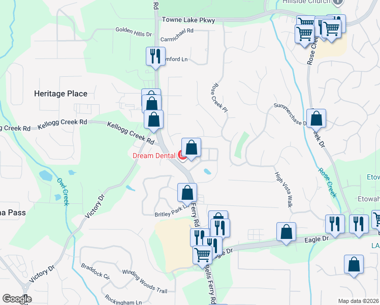 map of restaurants, bars, coffee shops, grocery stores, and more near 308 Mirramont Court in Woodstock