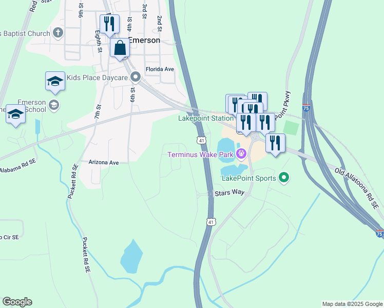 map of restaurants, bars, coffee shops, grocery stores, and more near Joe Frank Harris Parkway Southeast in Emerson