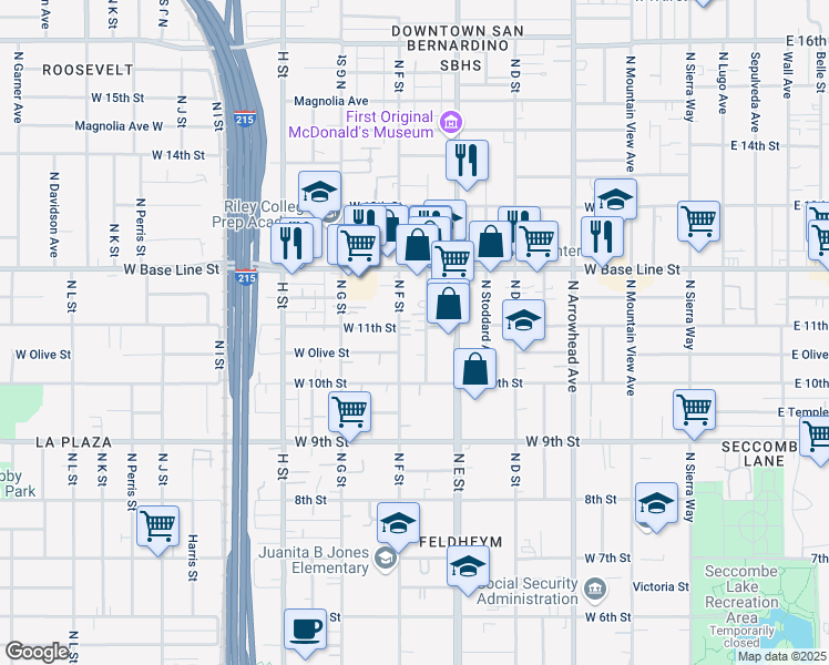 map of restaurants, bars, coffee shops, grocery stores, and more near 1072 Acacia Avenue in San Bernardino