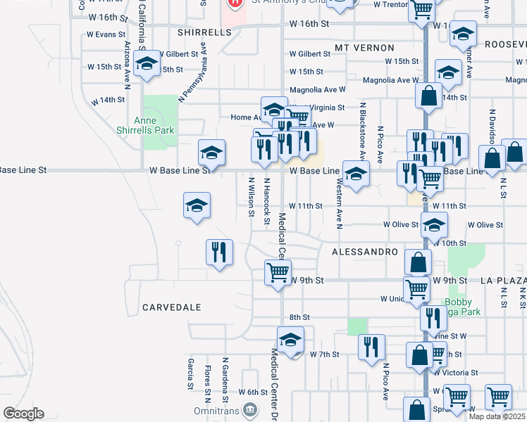map of restaurants, bars, coffee shops, grocery stores, and more near 1677 West 11th Street in San Bernardino