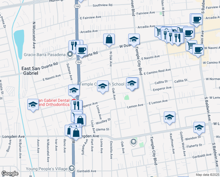 map of restaurants, bars, coffee shops, grocery stores, and more near 6625 Oak Avenue in Temple City