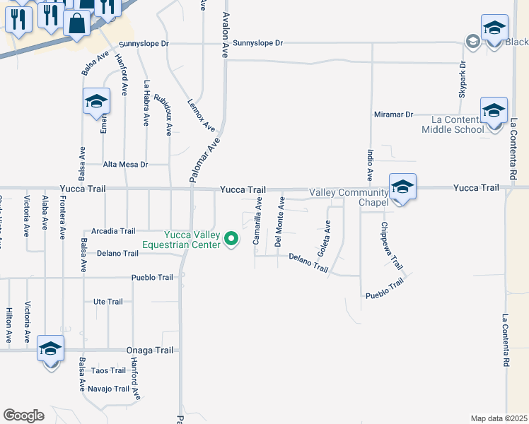 map of restaurants, bars, coffee shops, grocery stores, and more near 7357 Camarilla Avenue in Yucca Valley