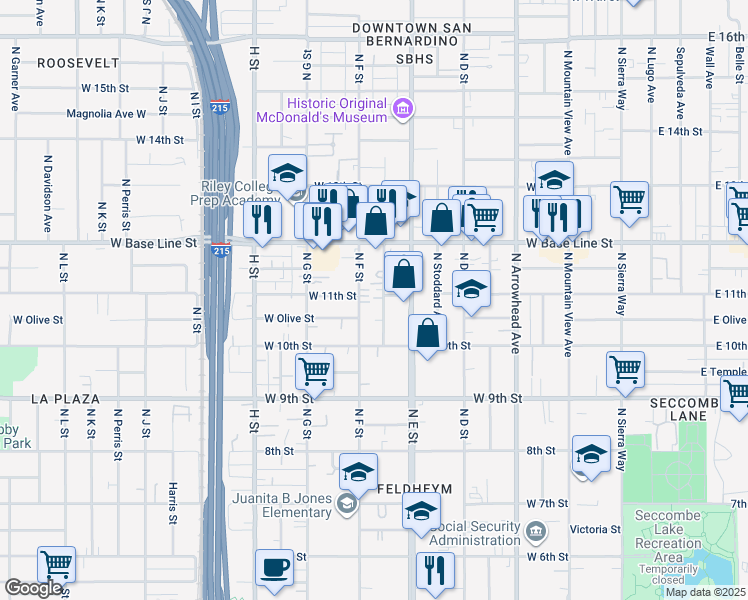 map of restaurants, bars, coffee shops, grocery stores, and more near 1088 Acacia Avenue in San Bernardino