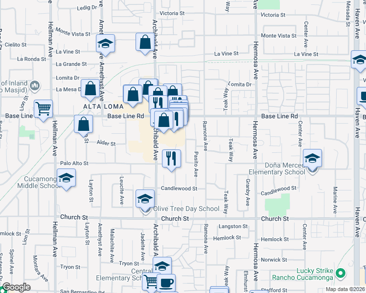 map of restaurants, bars, coffee shops, grocery stores, and more near 7432 London Avenue in Rancho Cucamonga
