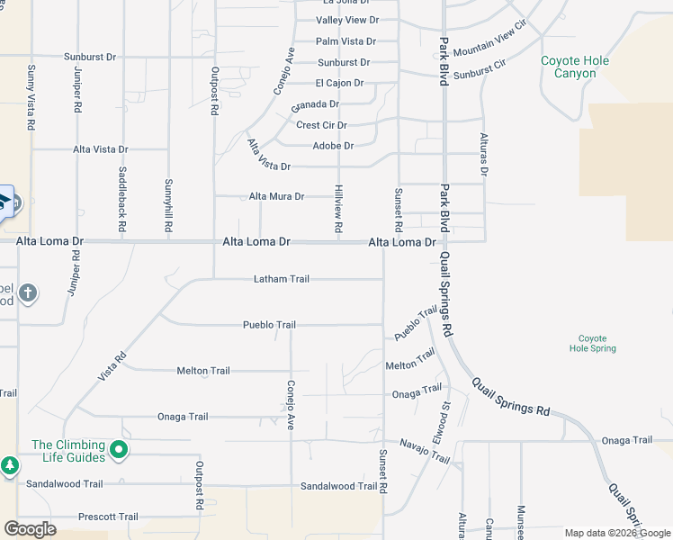 map of restaurants, bars, coffee shops, grocery stores, and more near Latham Trail in Joshua Tree
