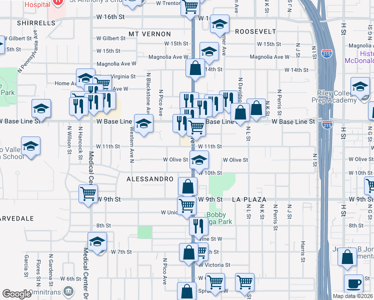 map of restaurants, bars, coffee shops, grocery stores, and more near 1098 North Mount Vernon Avenue in San Bernardino
