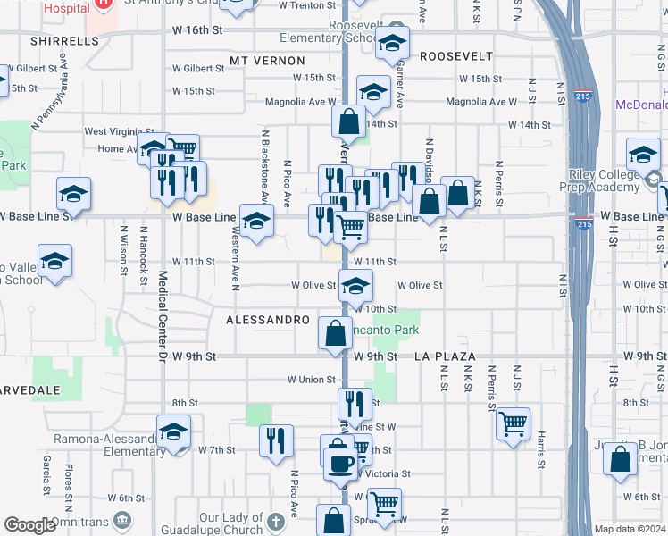 map of restaurants, bars, coffee shops, grocery stores, and more near 1098 North Mount Vernon Avenue in San Bernardino