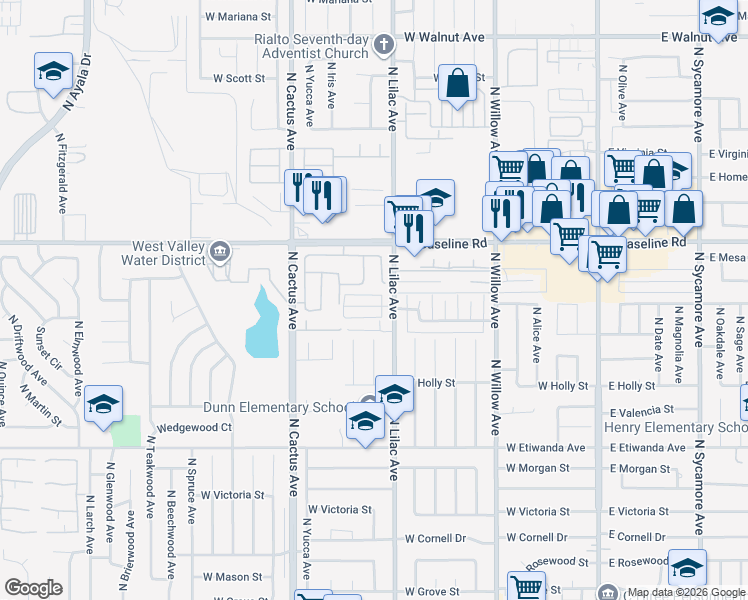 map of restaurants, bars, coffee shops, grocery stores, and more near 540 West Shamrock Street in Rialto