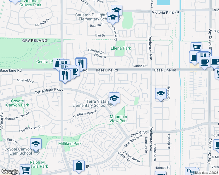 map of restaurants, bars, coffee shops, grocery stores, and more near in Rancho Cucamonga