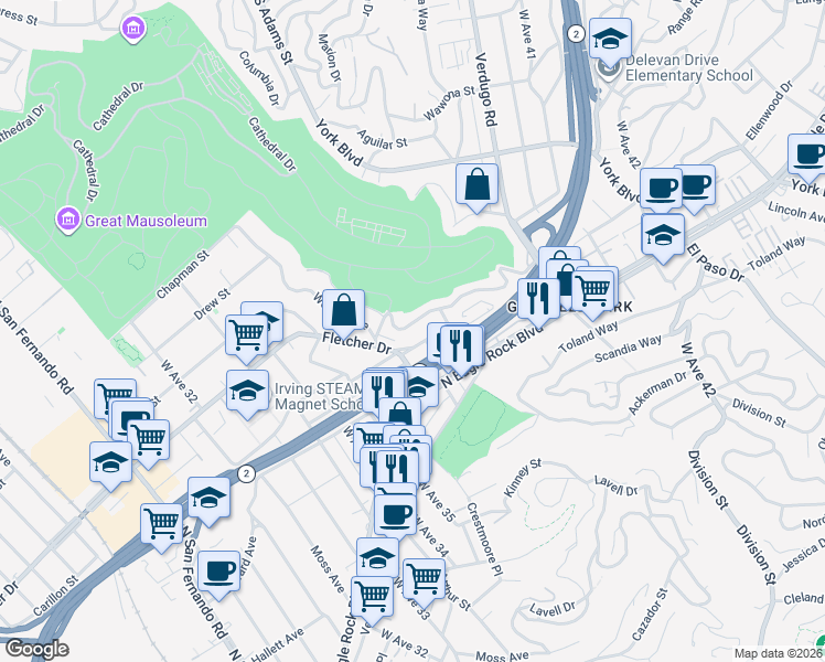 map of restaurants, bars, coffee shops, grocery stores, and more near 3633 Fletcher Drive in Los Angeles