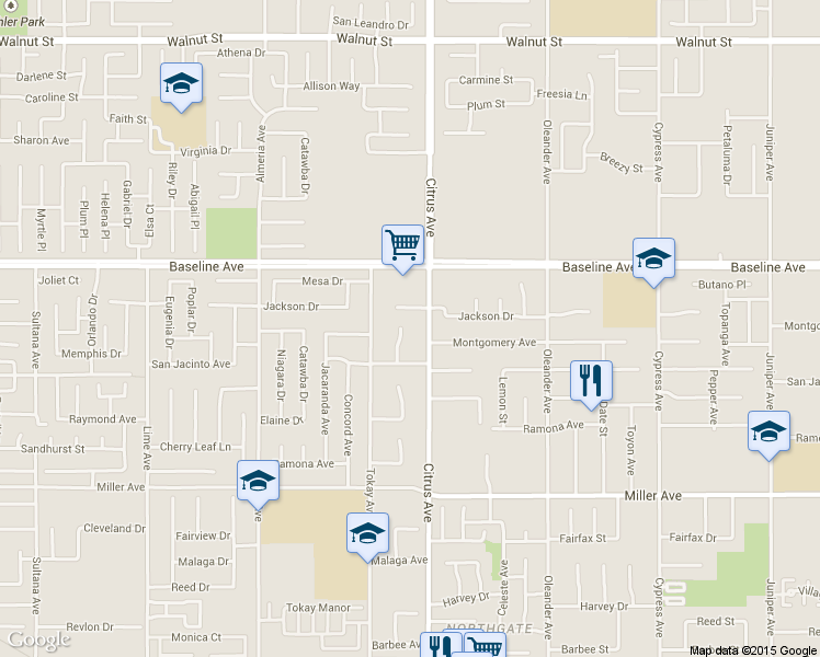 map of restaurants, bars, coffee shops, grocery stores, and more near 7415 Cherimoya Court in Fontana