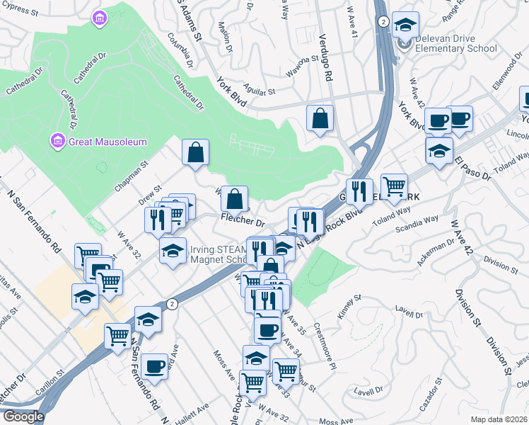 map of restaurants, bars, coffee shops, grocery stores, and more near 3640 Roderick Road in Los Angeles