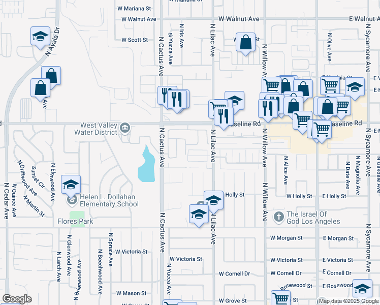 map of restaurants, bars, coffee shops, grocery stores, and more near 590 West Shamrock Street in Rialto