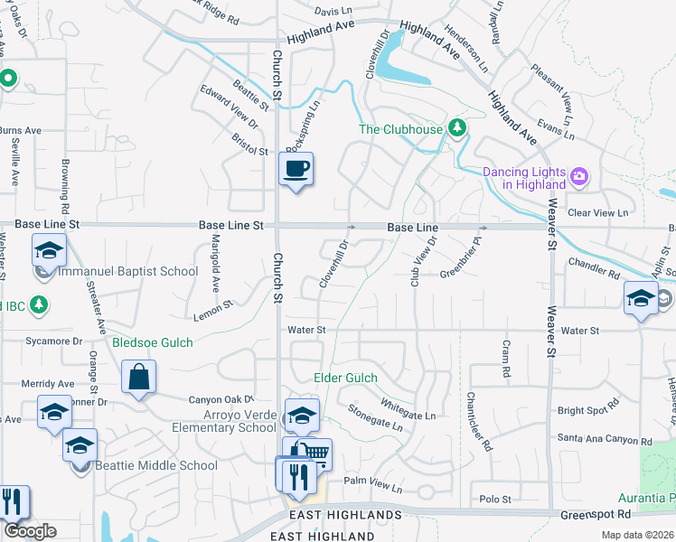 map of restaurants, bars, coffee shops, grocery stores, and more near 29025 Oak Creek Lane in Highland