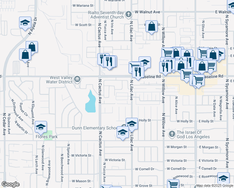 map of restaurants, bars, coffee shops, grocery stores, and more near 590 West Shamrock Street in Rialto