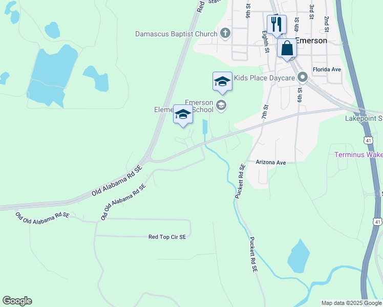 map of restaurants, bars, coffee shops, grocery stores, and more near 223 Old Alabama Road Southeast in Emerson