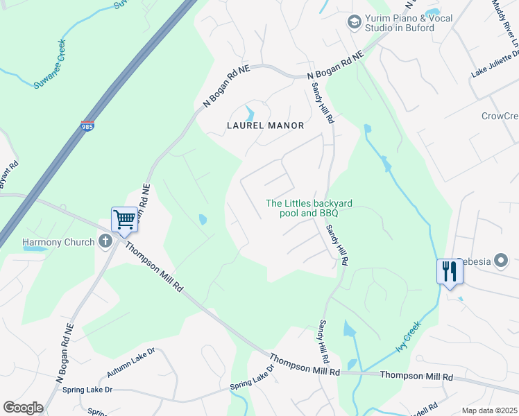 map of restaurants, bars, coffee shops, grocery stores, and more near 4155 Cami Way Northeast in Buford